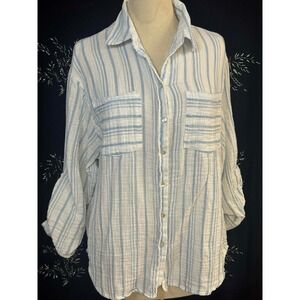 Fashion Nova Blue White Striped Gauze Button Down Shirt Women Large 3/4 Sleeve